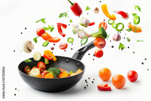 Colorful vegetables including tomatoes, broccoli, and peas are floating above a frying pan, creating a vibrant cooking scene.