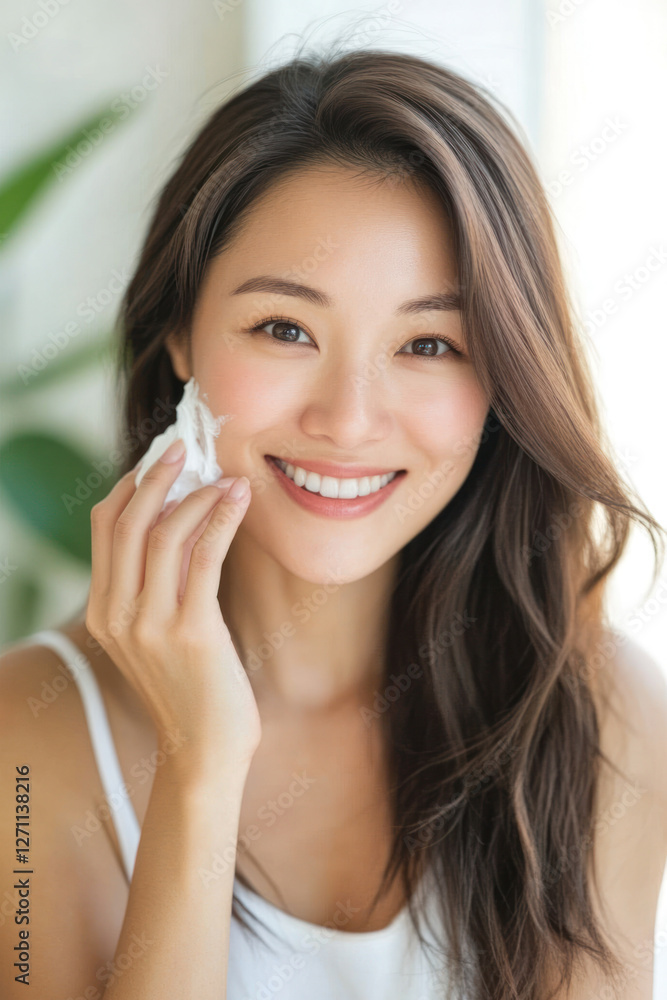 Smiling Asian woman applying skincare with a cotton pad Smiling Asian woman applying skincare with a cotton pad