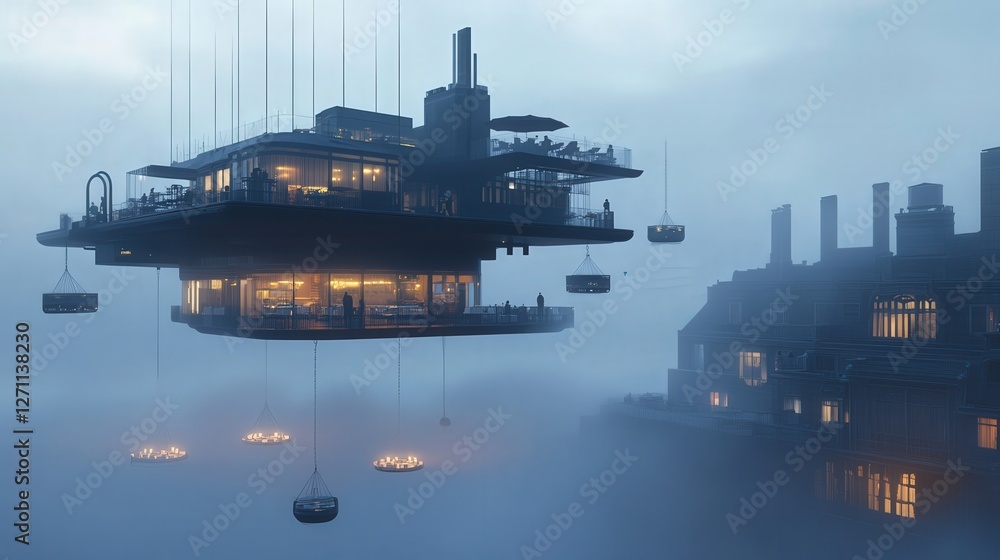 Fototapeta premium flying restaurant where tables float above the city