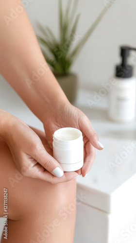 Woman applying body cream in a bright and elegant bathroom