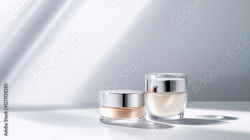 Luxury skincare products in glass containers with silver lids