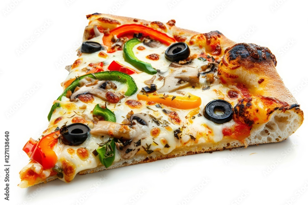 Delicious Slice of Pizza Topped with Colorful Vegetables and Olives Delicious Slice of Pizza Topped with Colorful Vegetables and Olives