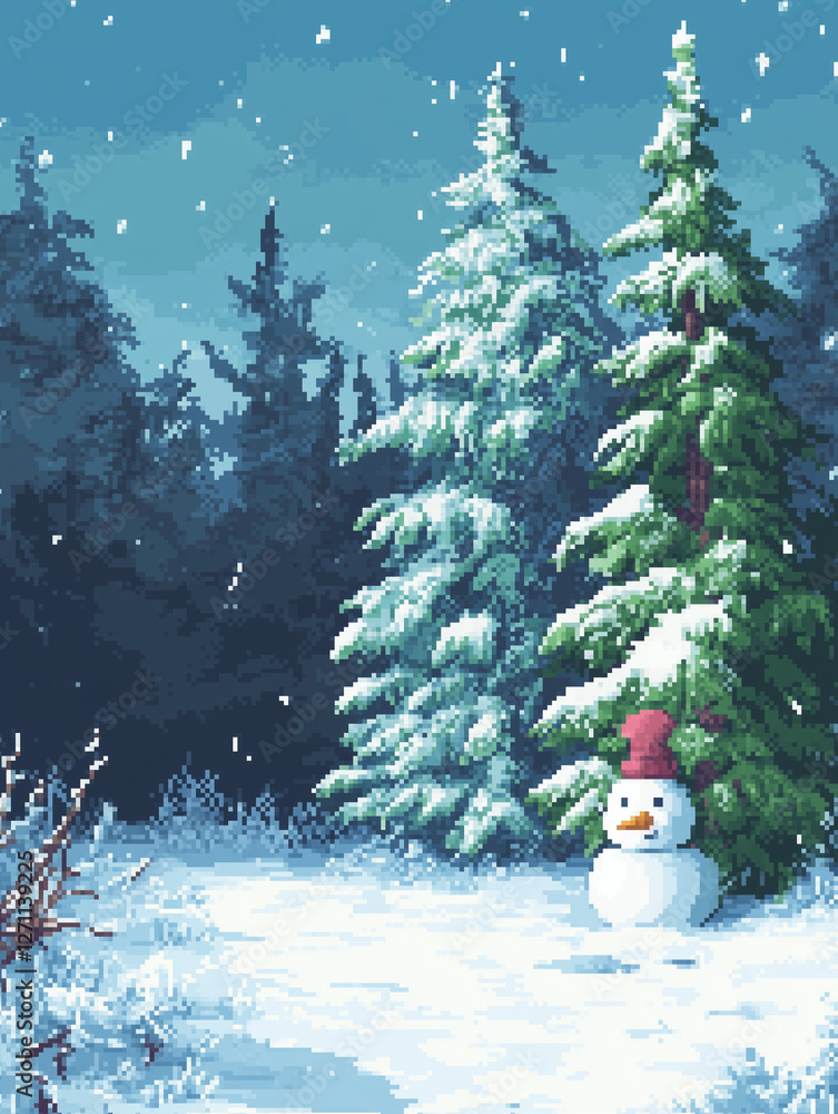 Fototapeta premium Snow-covered trees and a cheerful snowman create a pixelated winter wonderland with falling snow and serene atmosphere
