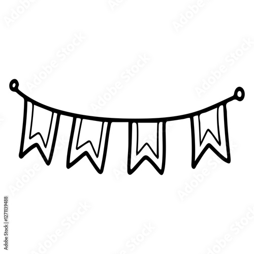 Festive garland flags. Hand drawn doodle. Fun party. Object for event celebration. Carnival decoration. Vector line art illustration.