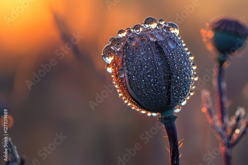 Dew-kissed poppy seed head at sunrise, showcasing nature's beauty with vibrant colors and glistening droplets. photo