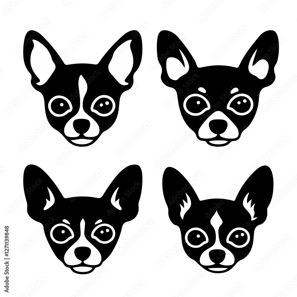 stylized illustrations of dog faces, likely Chihuahuas. Each has distinct facial markings and expressions, focusing on their characteristic large ears and eyes. stylized illustrations of dog faces, likely Chihuahuas. Each has distinct facial markings and expressions, focusing on their characteristic large ears and eyes.