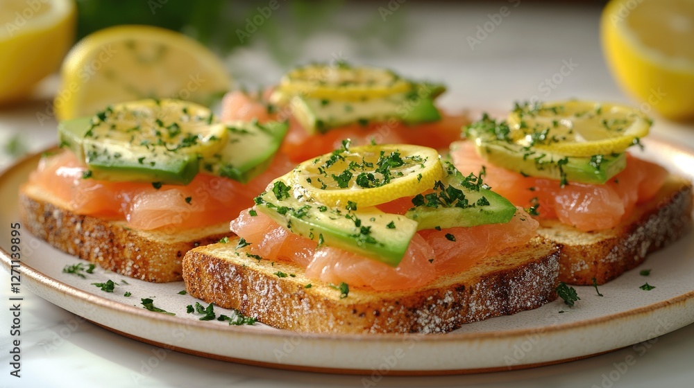 Delicious toast topped with smoked salmon, avocado, and lemon slices on a decorative plate Delicious toast topped with smoked salmon, avocado, and lemon slices on a decorative plate