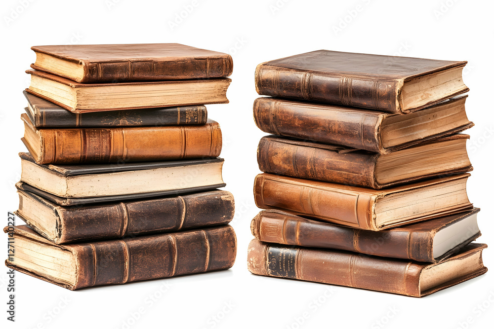 Two stacks of old, worn, leather-bound books on white, for reading or studying Two stacks of old, worn, leather-bound books on white, for reading or studying