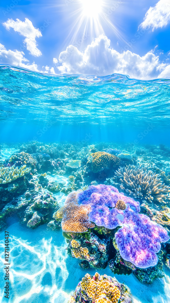 Naklejka premium Underwater corals and sand illuminated by sun. Tropical ocean scenery