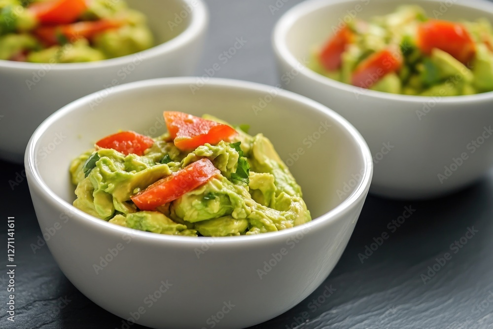 Three bowls of creamy guacamole served with fresh tomatoes on a wooden table Three bowls of creamy guacamole served with fresh tomatoes on a wooden table