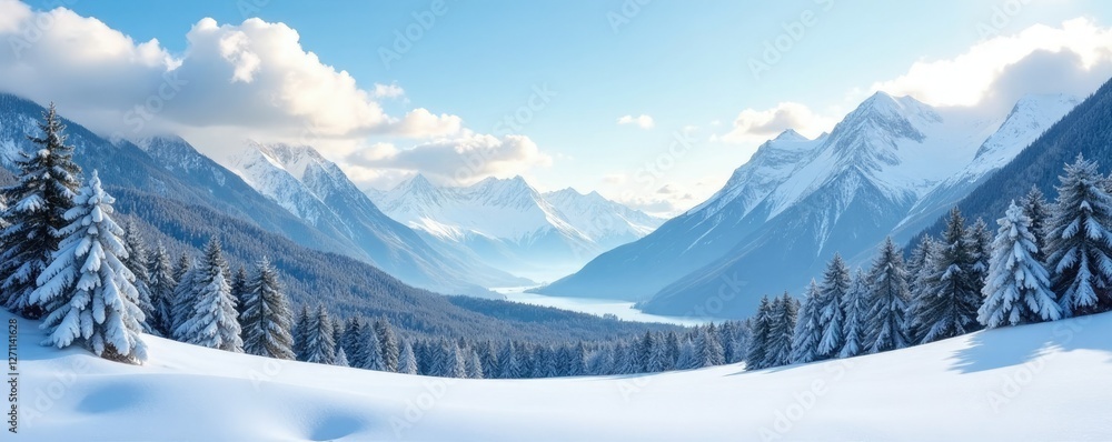 Obraz premium Serene winter landscape with mountains and clouds, winter, snow, peaceful