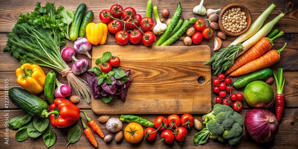 Fresh produce arranged artfully on a wooden cutting board, food styling, arrangement, food styling Fresh produce arranged artfully on a wooden cutting board, food styling, arrangement, food styling