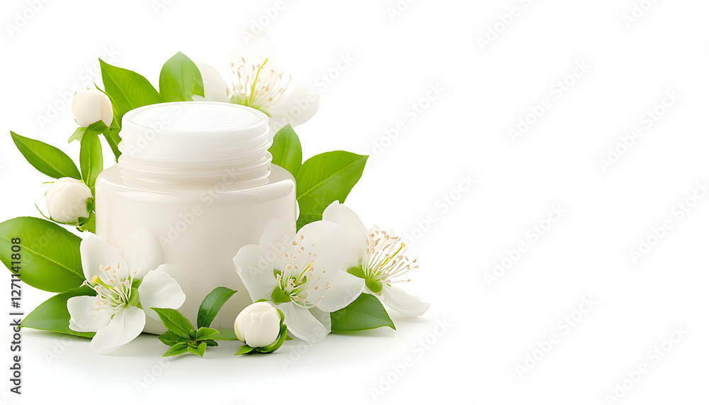 White Cream jar with flowers for skincare and beauty products on white background White Cream jar with flowers for skincare and beauty products on white background