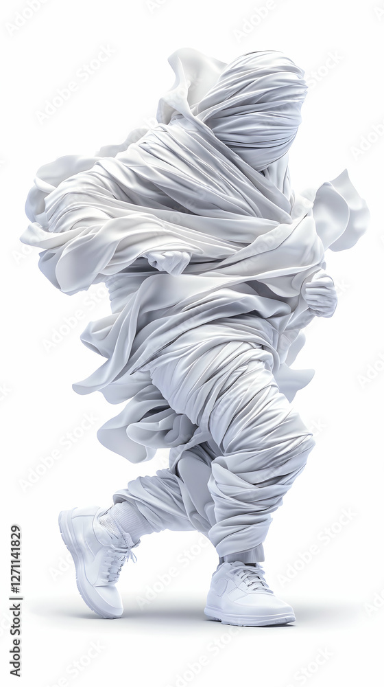Fototapeta premium White fabric figure runs on plain background. Conceptual art for mystery, speed
