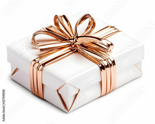 White gift box with gold ribbon on plain background for holiday, birthday greetings