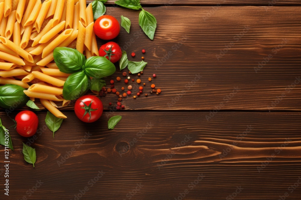 Top view of colorful penne pasta with tomatoes and basil on a wooden table with room for text Top view of colorful penne pasta with tomatoes and basil on a wooden table with room for text