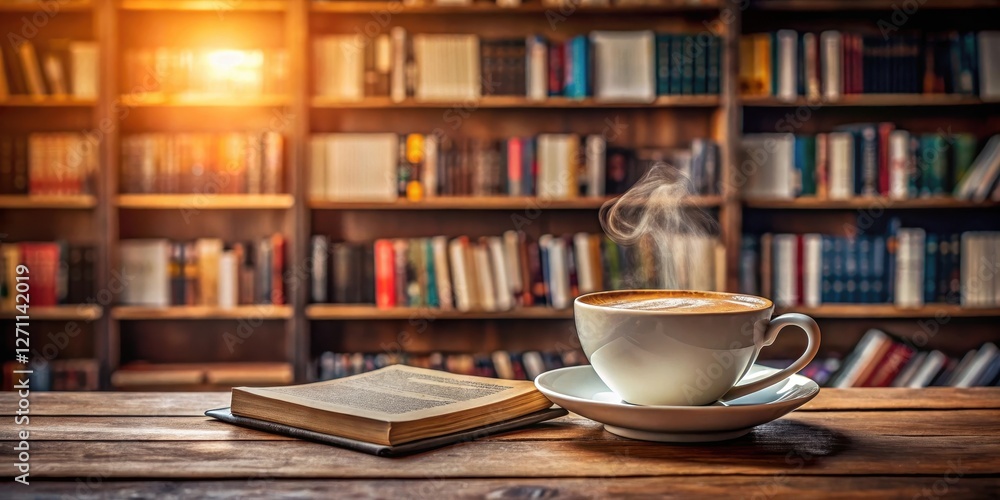 Naklejka premium A cup of steaming hot cappuccino coffee on a wooden table, surrounded by books and papers, with a blurred background of a cozy library , beverage, wooden table