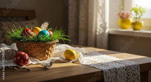 Cozy rustic Easter table setup with a basket of painted eggs, fresh flowers, and a warm wooden background for food styling and seasonal promotions photo