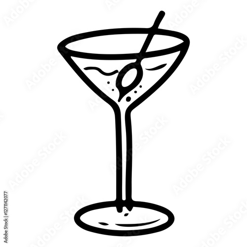Martini glass with olive. Hand drawn doodle. Alcoholic drink. Party cocktail. Dry wine. Event celebration. Vector line art illustration.