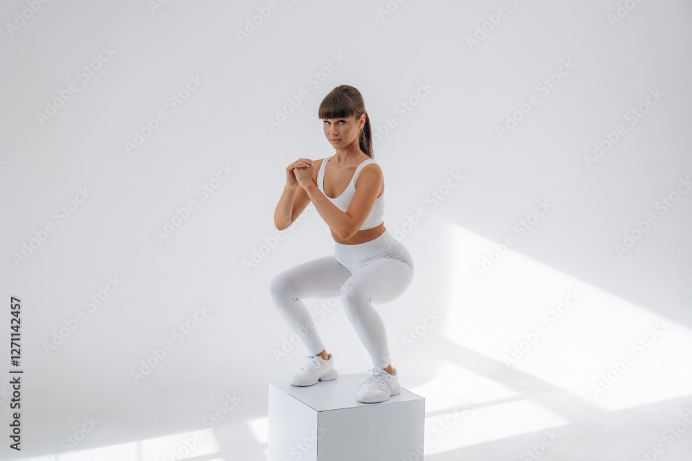Exercise of squats on white cube. Young sportive woman is in the studio Exercise of squats on white cube. Young sportive woman is in the studio