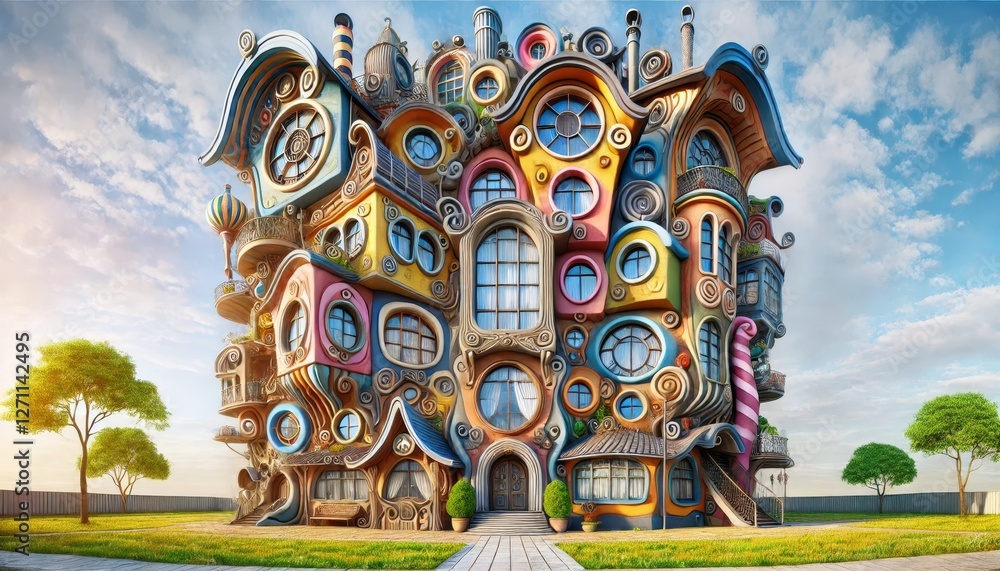 Obraz premium Conceptual image of a whimsical house with many floors and quirky and eccentric elements.