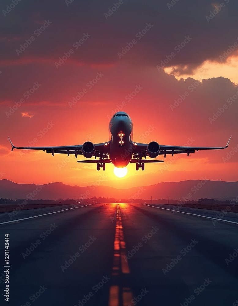 Fototapeta premium Dramatic sunset sky illuminates airplane approaching runway. Commercial airliner landing gear down in air, silhouette with orange light. Beauty aviation, thrill travel, breathtaking moment, adventure