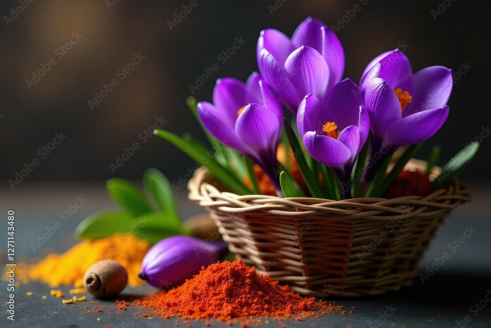 Obraz premium Purple crocus flowers in a basket with saffron threads and leaves, spices, leaves
