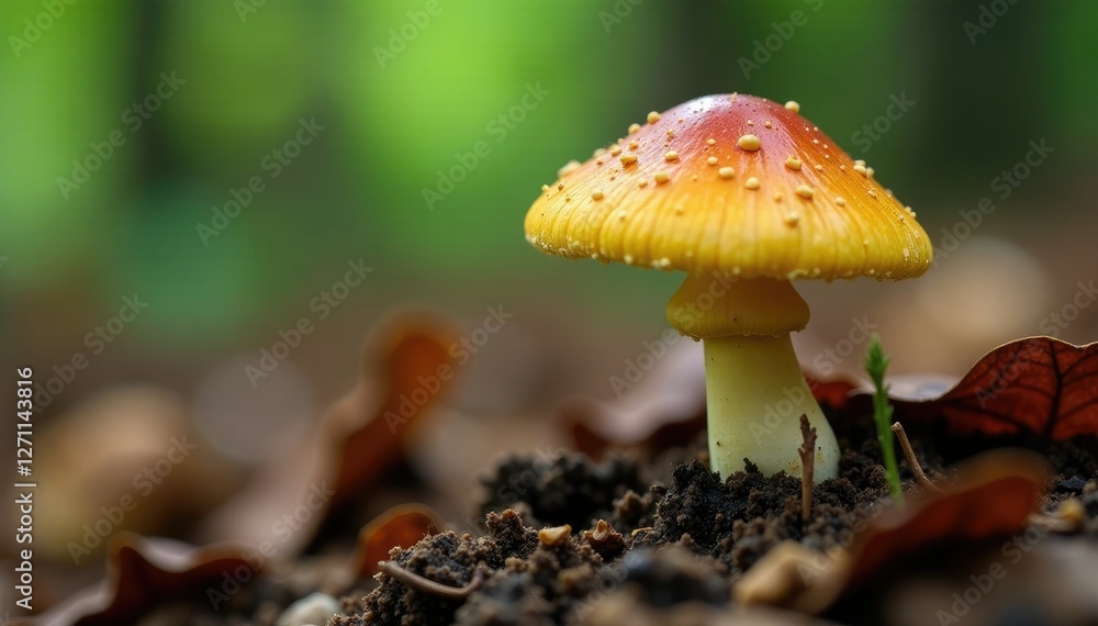 Fototapeta premium Psilocybe semilanceata growing in decaying leaves, natural habitats, wild mushroom growth, forest habitat