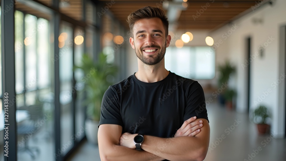 Obraz premium Confident Man Standing with Arms Crossed in Modern Office Corridor