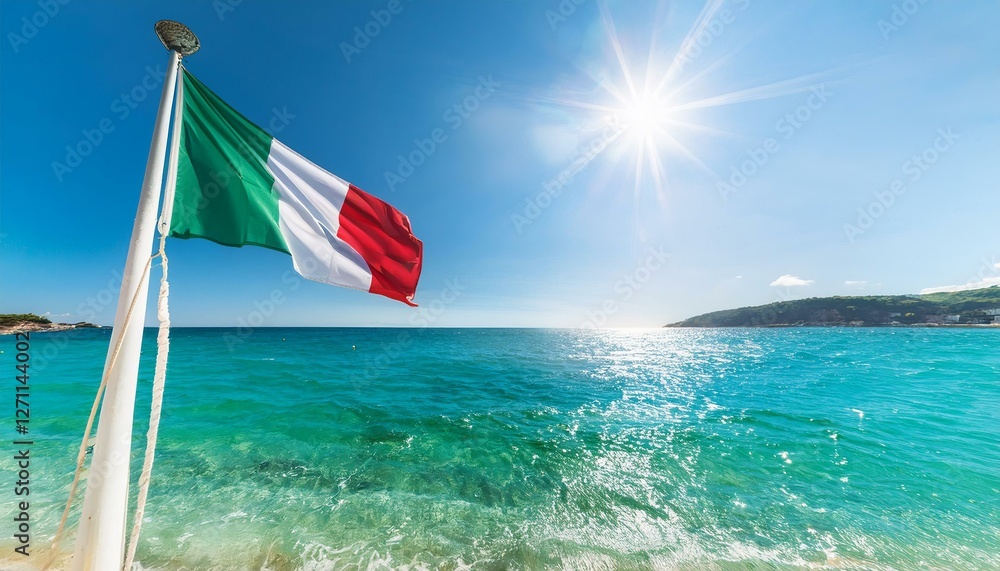 Fototapeta premium Italian flag flying above a Mediterranean beach.