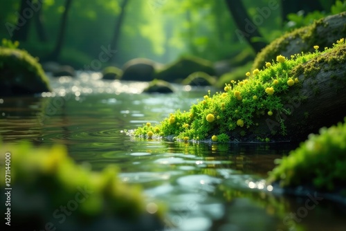 Pollen and green ooze mingle with forest debris in a serene river scene, pollen, branch