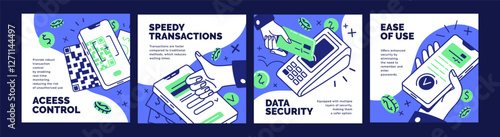 Designs of contactless cashless payment app advertising card set. Promotion of NFC technology. Templates with paying by QR, pos machine, money transaction by mobile phone. Flat vector illustrations