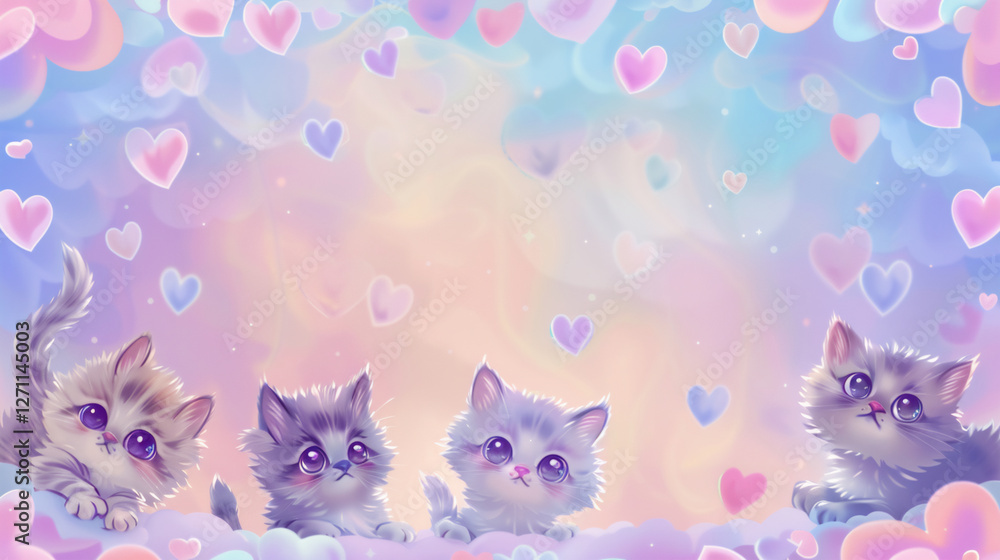 Stylized Cartoon Kittens in a Soft Pastel Background with a Decorative Frame Stylized Cartoon Kittens in a Soft Pastel Background with a Decorative Frame