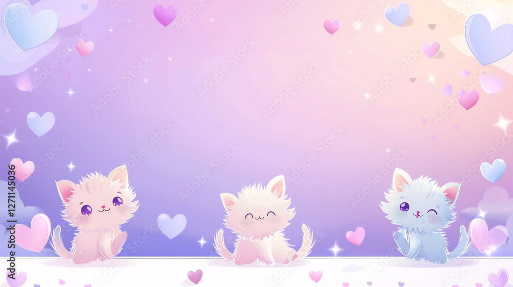 Charming Kitten Illustration with Hearts in a Whimsical Decorative Frame Charming Kitten Illustration with Hearts in a Whimsical Decorative Frame