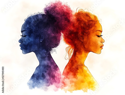 Artistic Silhouette Profiles of Two Women in Deep Blue and Vibrant Orange Surrounded by Smoky Swirls