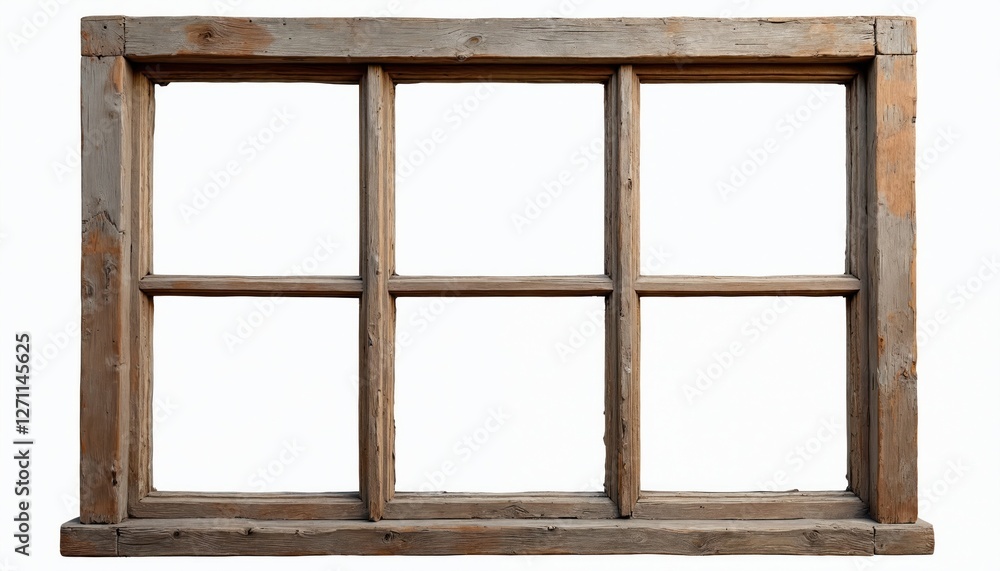 Rustic wooden window frame against white backdrop. Classic six pane design shows aged wood texture. Interior design element. Window isolated for easy use in any architectural visualization project. Rustic wooden window frame against white backdrop. Classic six pane design shows aged wood texture. Interior design element. Window isolated for easy use in any architectural visualization project.