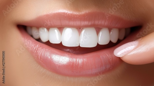 A close-up of a smiling woman showcasing her bright, white teeth and healthy gums, emphasizing dental care. photo