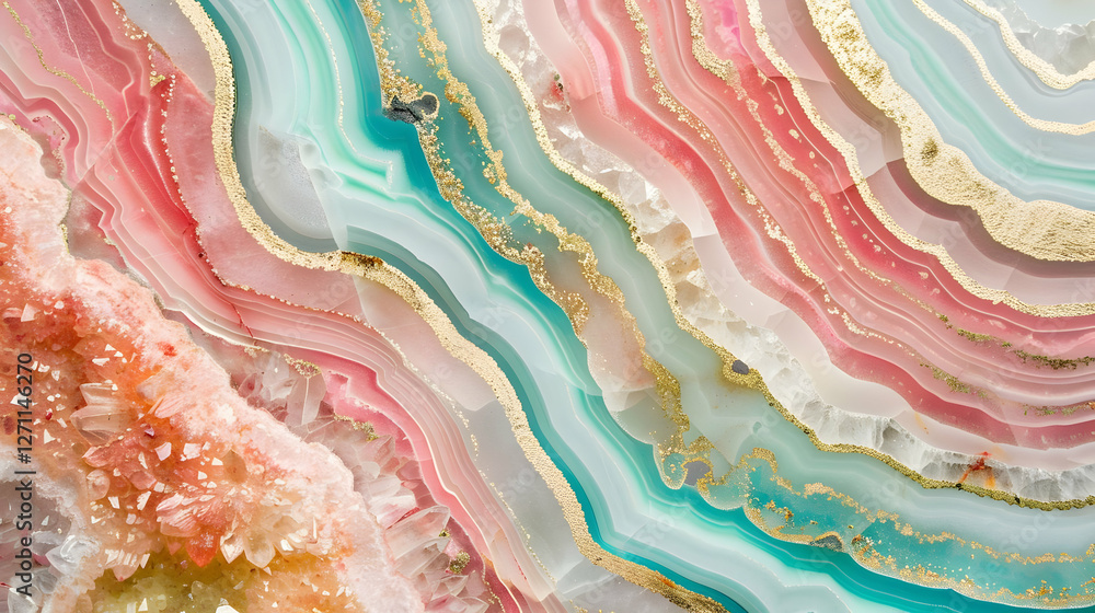 Colorful agate stone with intricate patterns and gold accents.