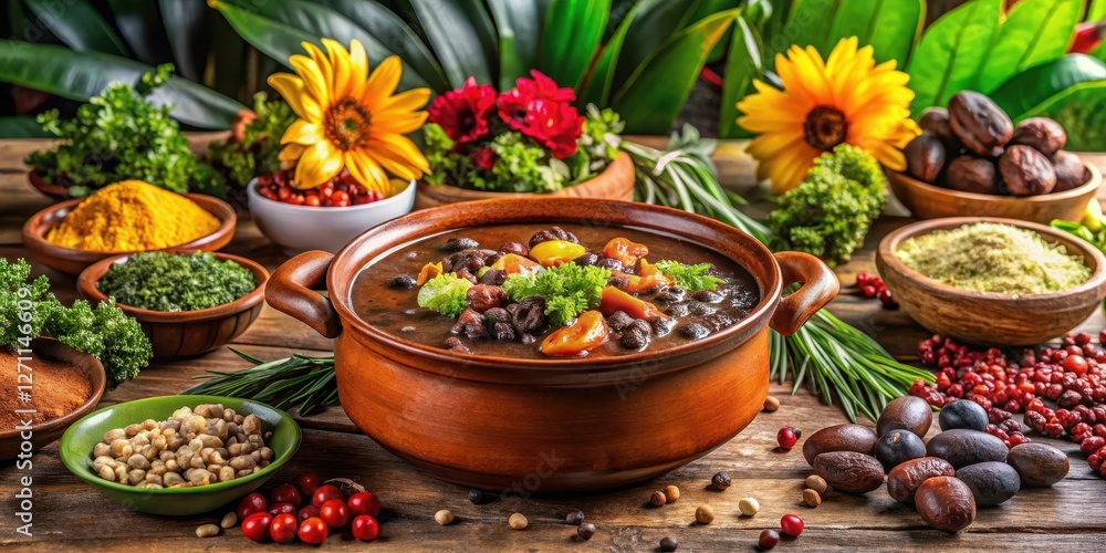 Traditional Brazilian Feijoada dish served in a large pot on a wooden table surrounded by lush greenery and vibrant flowers, exotic spices, rich sauce Traditional Brazilian Feijoada dish served in a large pot on a wooden table surrounded by lush greenery and vibrant flowers, exotic spices, rich sauce