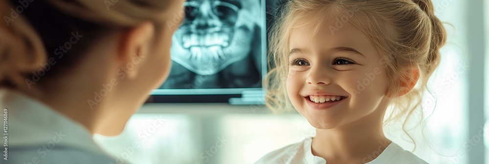 A joyful child smiles at a healthcare professional during a dental check-up in a bright and modern clinic. A joyful child smiles at a healthcare professional during a dental check-up in a bright and modern clinic.