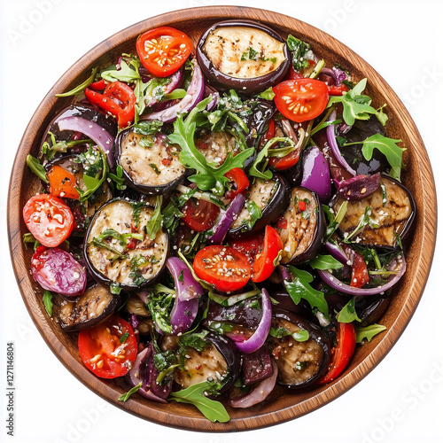 Wooden round plate with eggplants salad isolated on white background photo