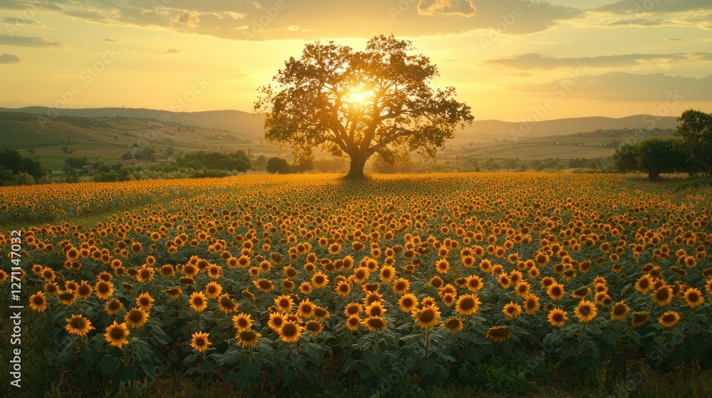 Fototapeta premium Sunset over sunflower field, lone tree silhouette