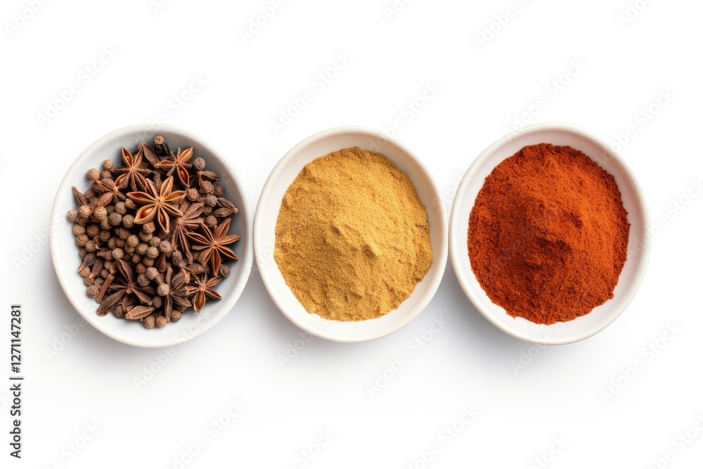 Top view of isolated allspice anise seeds ground sumac Tikka masala powder mix and red paprika Top view of isolated allspice anise seeds ground sumac Tikka masala powder mix and red paprika