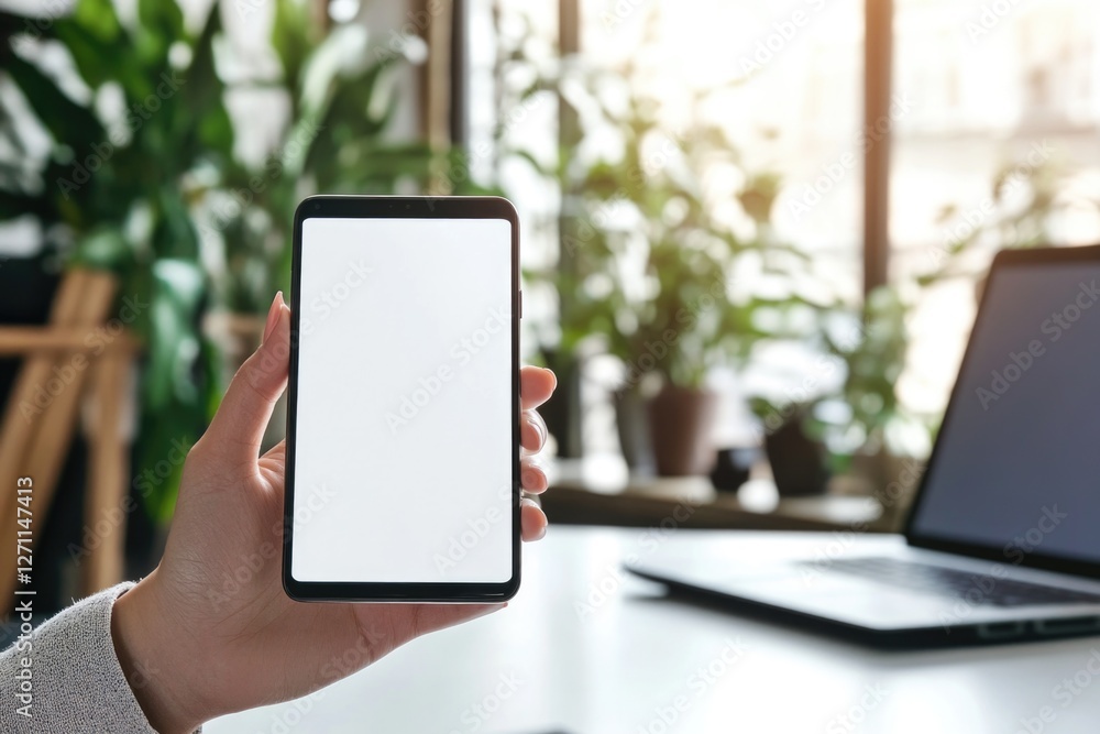 A person holding up a smartphone in front of a laptop, highlighting the device's screen A person holding up a smartphone in front of a laptop, highlighting the device's screen