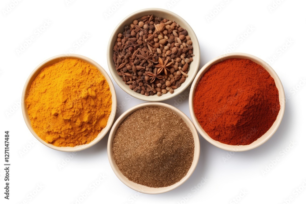 Top view of isolated allspice anise seeds ground sumac Tikka masala powder mix and red paprika Top view of isolated allspice anise seeds ground sumac Tikka masala powder mix and red paprika