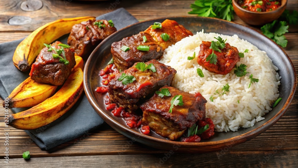 Beef short ribs in a rich tomato sauce served with steamed rice and fried plantains , fried plantains, cuban beef Beef short ribs in a rich tomato sauce served with steamed rice and fried plantains , fried plantains, cuban beef