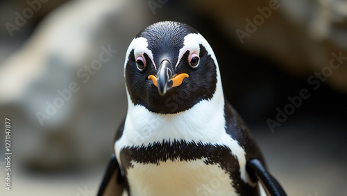 An image of a penguin seemingly posing for the camera, with a curious or humorous expression. photo