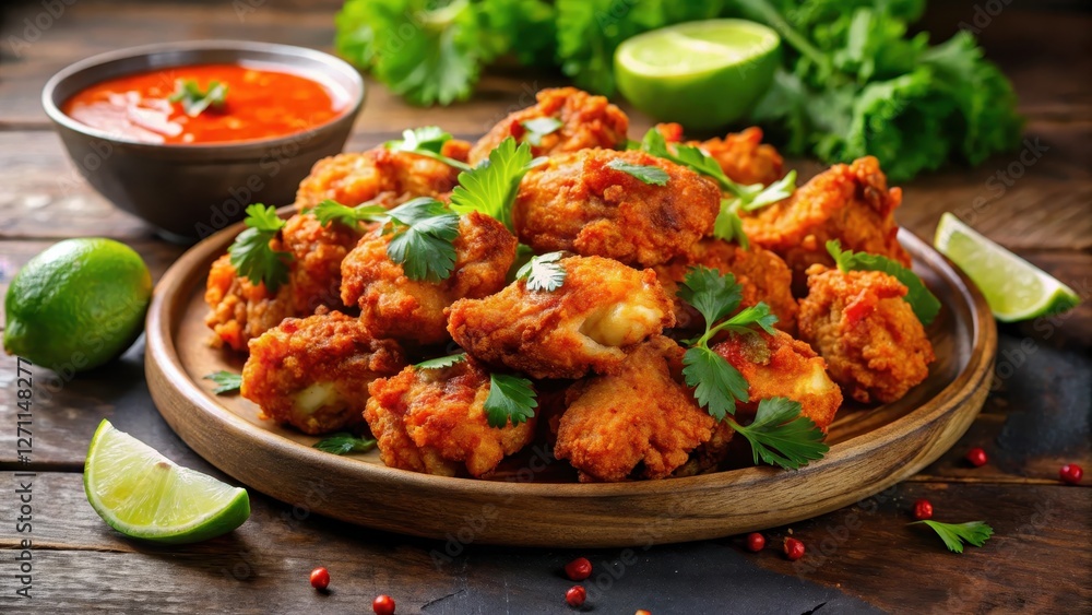Crispy fried chicken pieces on a plate with spicy sambal sauce drizzle, garnished with chopped fresh cilantro and lime wedges , Indonesian Fried Chicken, Food Crispy fried chicken pieces on a plate with spicy sambal sauce drizzle, garnished with chopped fresh cilantro and lime wedges , Indonesian Fried Chicken, Food