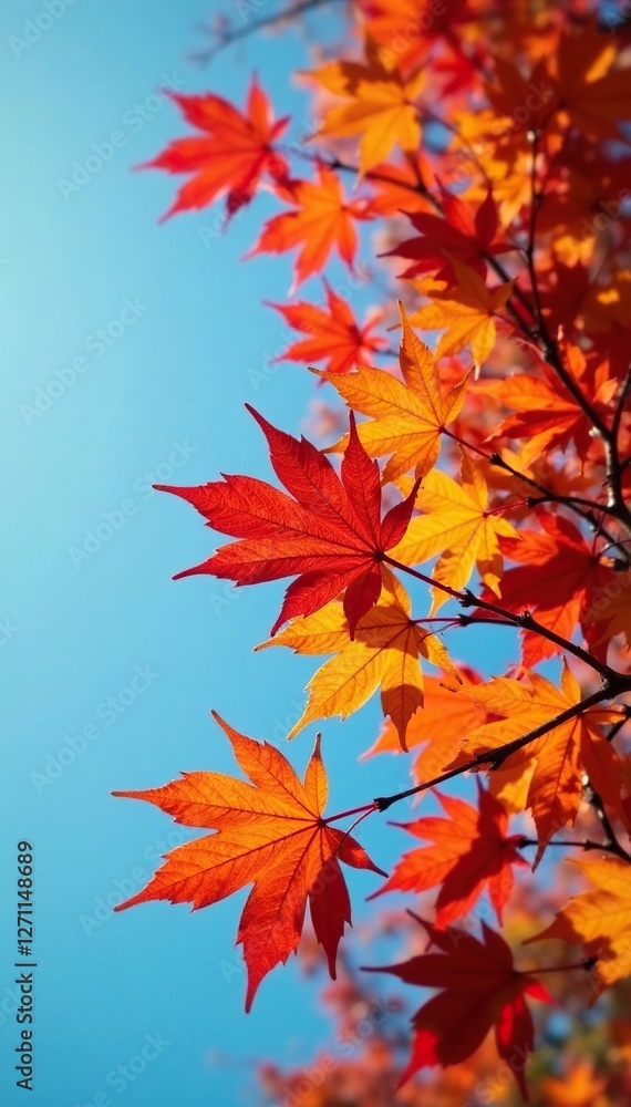 Sparkle on crimson and yellow autumn leaves against a clear blue sky, color palette, Sparkle on crimson and yellow autumn leaves against a clear blue sky, color palette,
