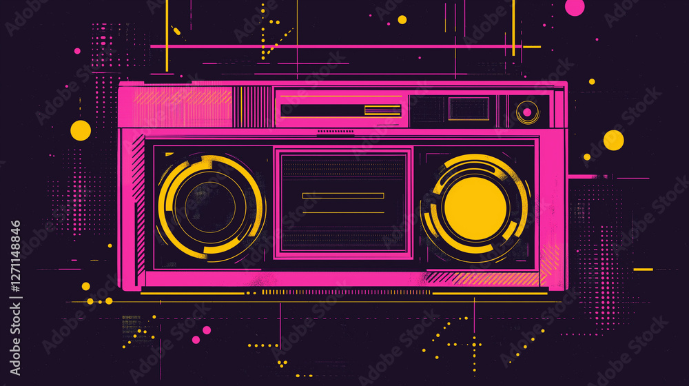 Fototapeta premium A graphic explosion of music – the image takes us back to the era of hip-hop and street art, where a black tape recorder stands out against a background of yellow and purple graphic chaos..